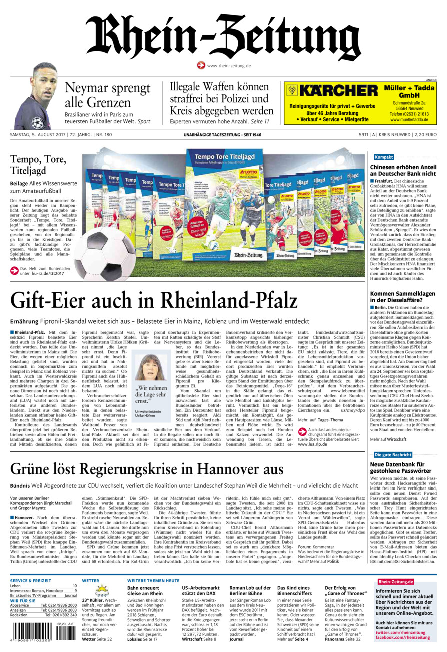 Rhein-Zeitung Kreis Neuwied vom Samstag, 05.08.2017