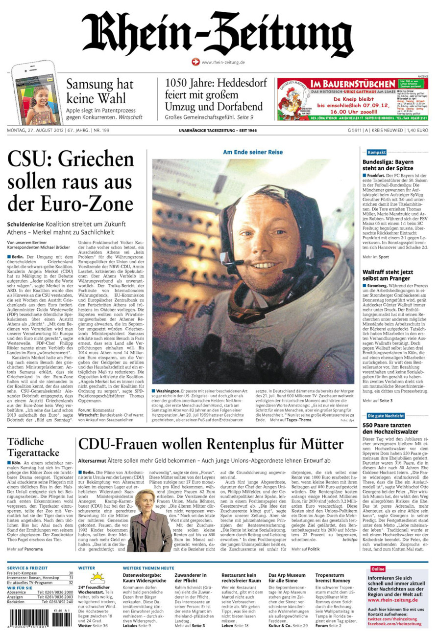 Rhein-Zeitung Kreis Neuwied vom Montag, 27.08.2012