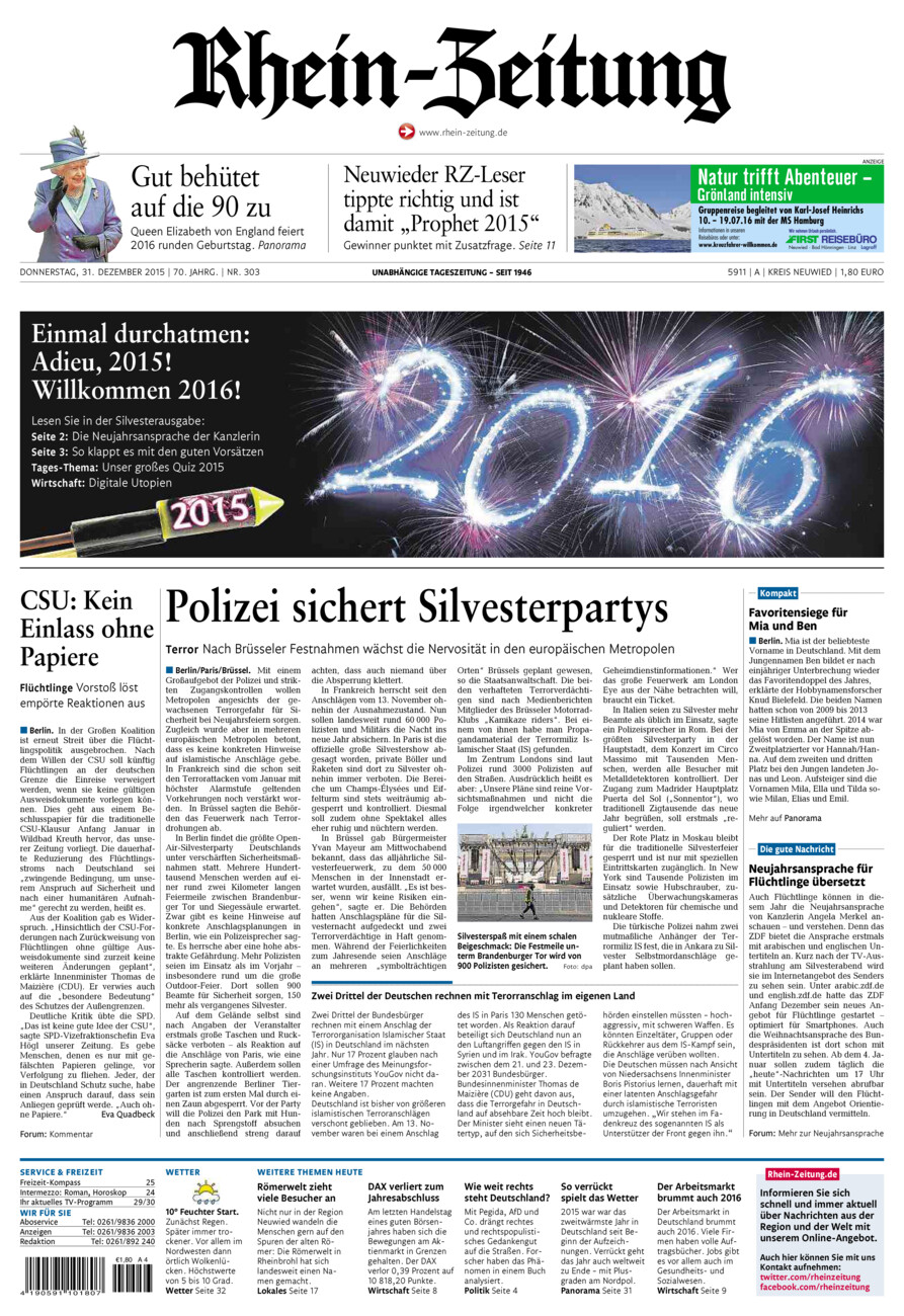 Rhein-Zeitung Kreis Neuwied vom Donnerstag, 31.12.2015