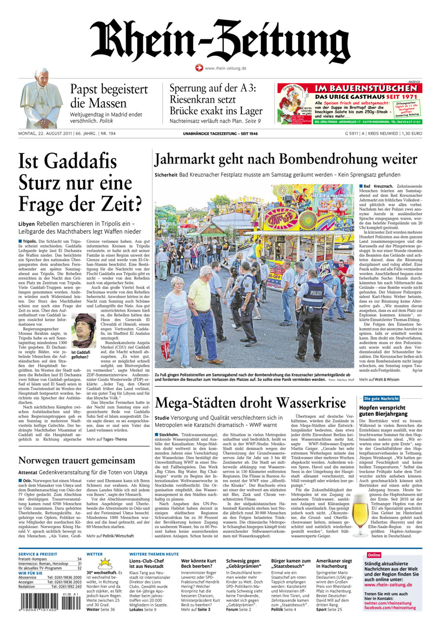 Rhein-Zeitung Kreis Neuwied vom Montag, 22.08.2011