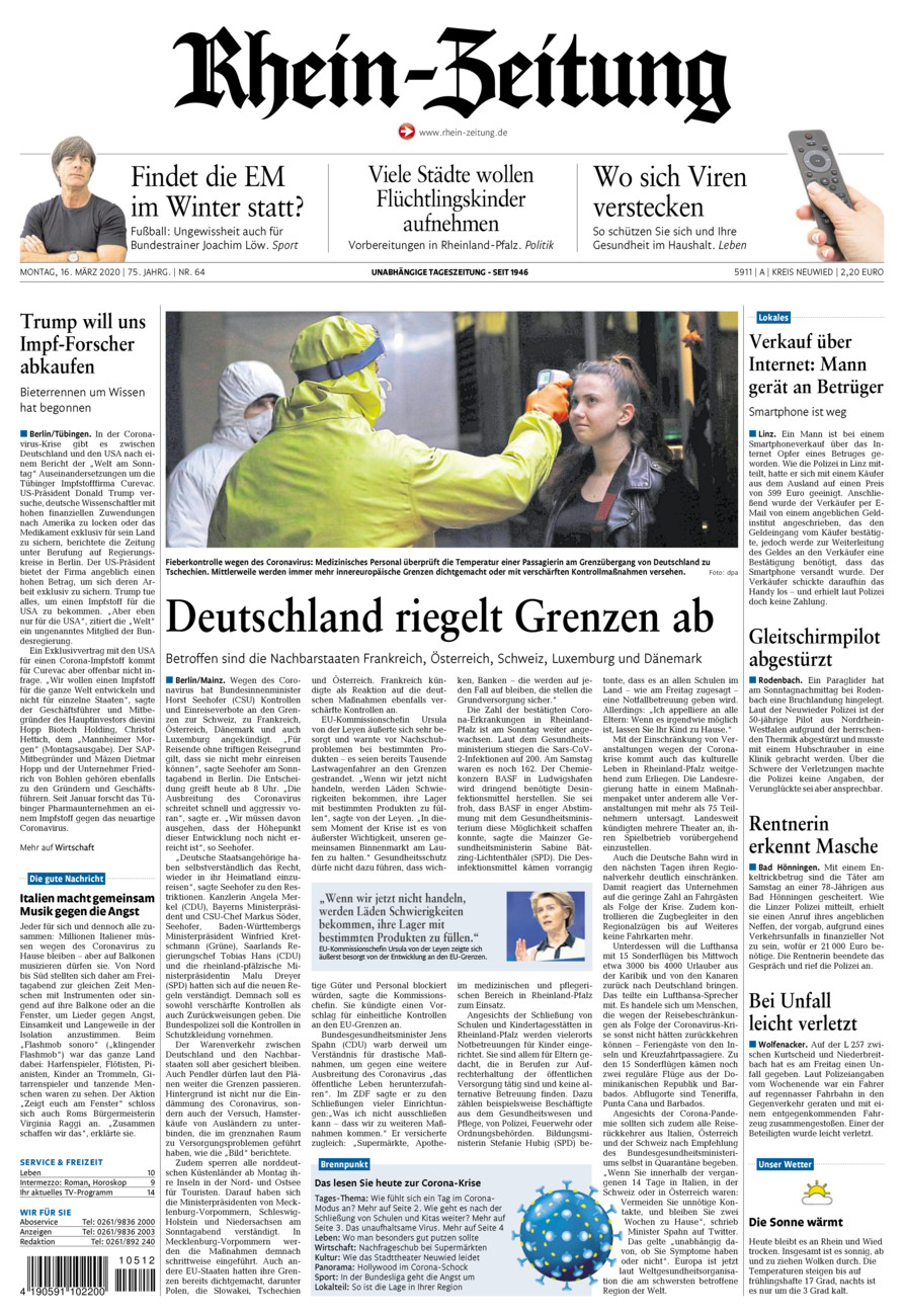 Rhein-Zeitung Kreis Neuwied vom Montag, 16.03.2020