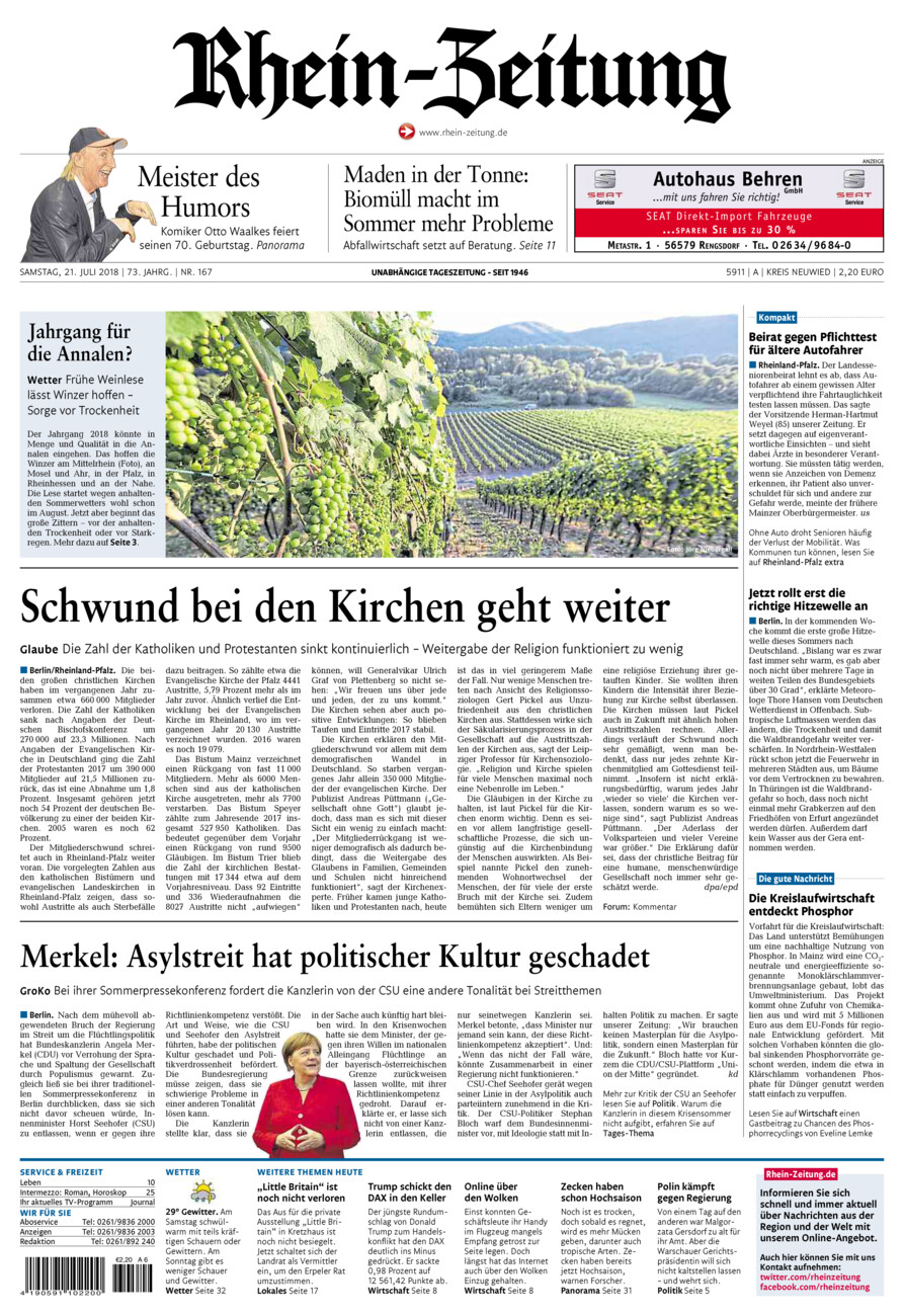 Rhein-Zeitung Kreis Neuwied vom Samstag, 21.07.2018