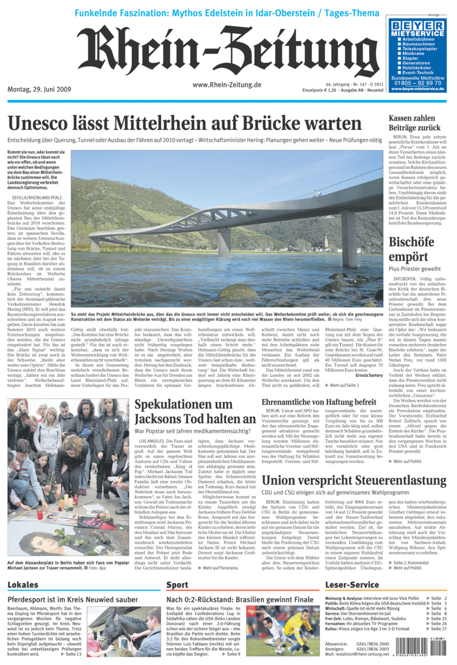 Rhein-Zeitung Kreis Neuwied vom Montag, 29.06.2009