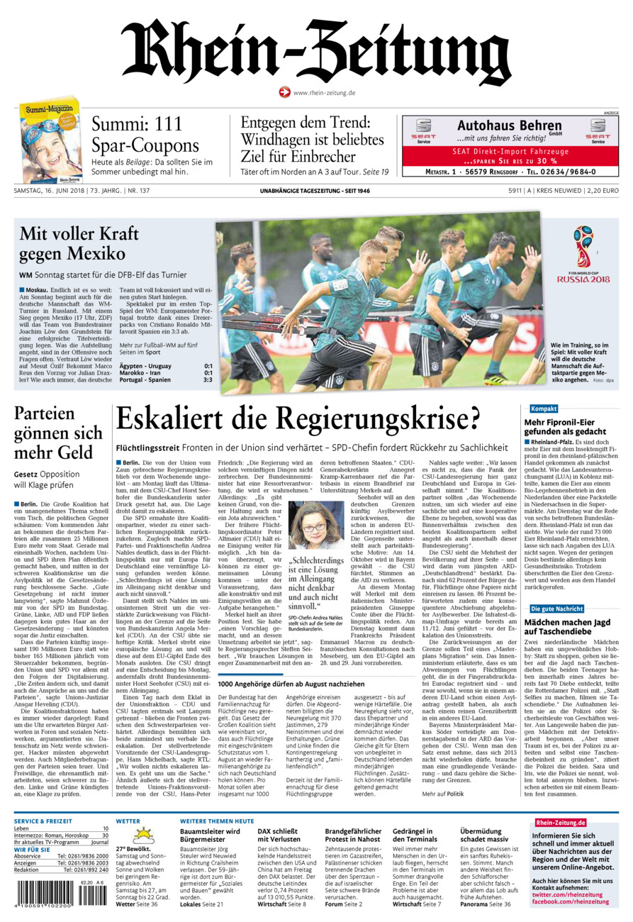 Rhein-Zeitung Kreis Neuwied vom Samstag, 16.06.2018