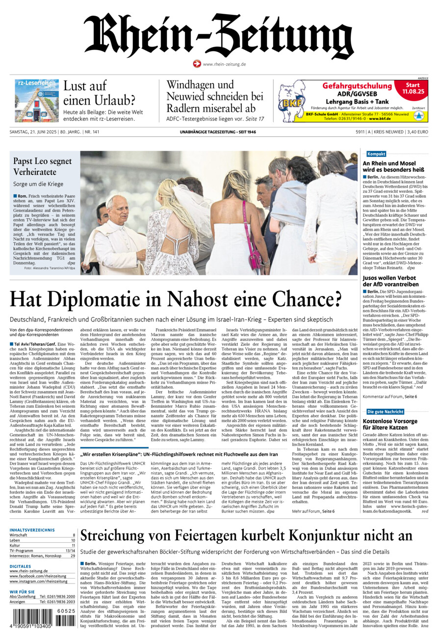 Rhein-Zeitung Kreis Neuwied vom Samstag, 21.06.2025