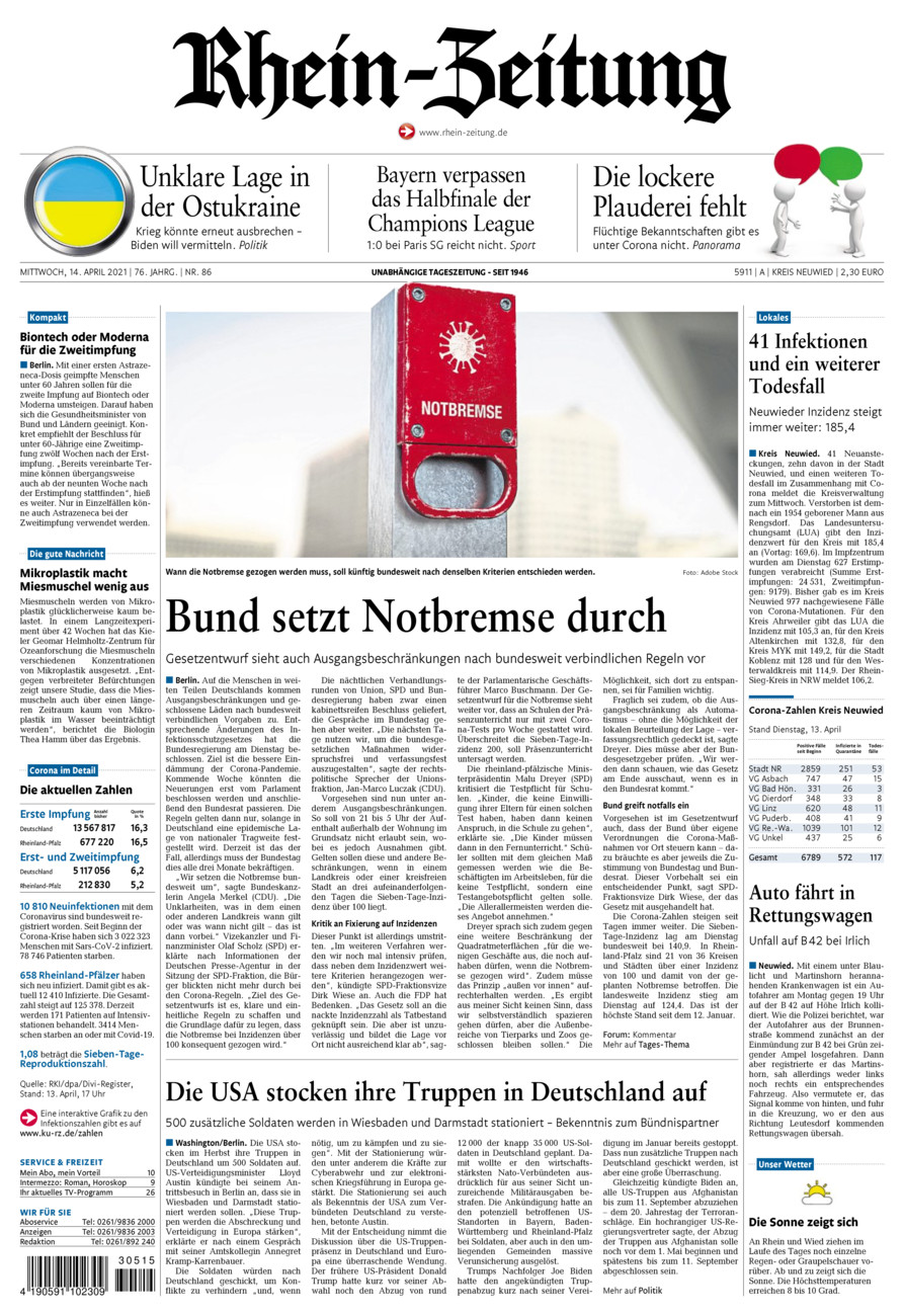 Rhein-Zeitung Kreis Neuwied vom Mittwoch, 14.04.2021