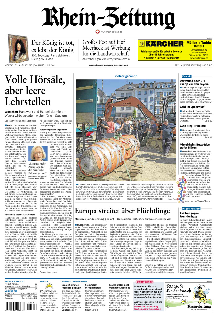 Rhein-Zeitung Kreis Neuwied vom Montag, 31.08.2015
