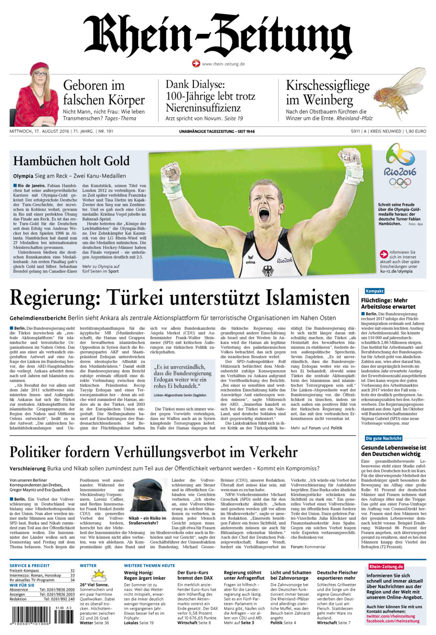 Rhein-Zeitung Kreis Neuwied vom Mittwoch, 17.08.2016
