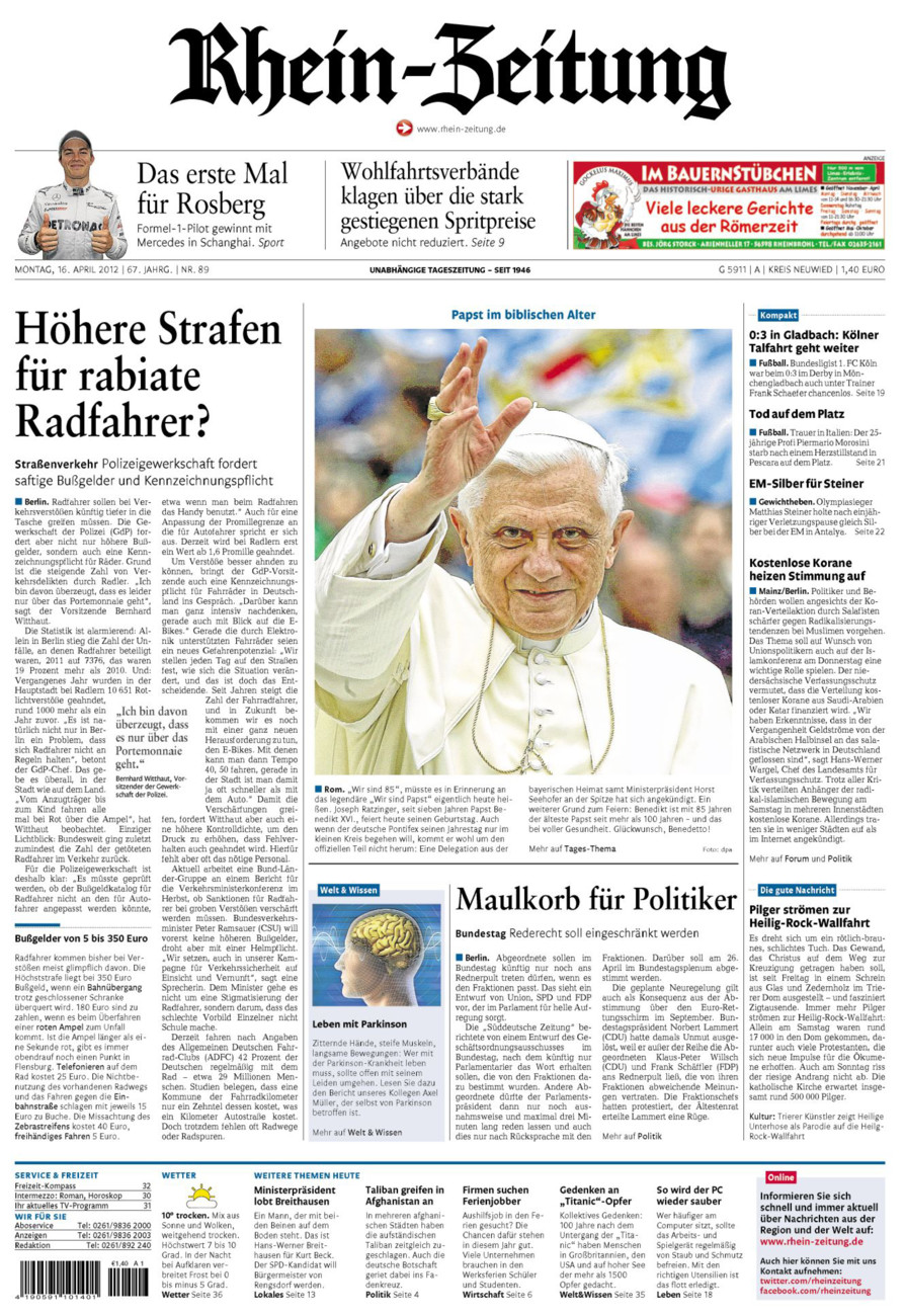 Rhein-Zeitung Kreis Neuwied vom Montag, 16.04.2012