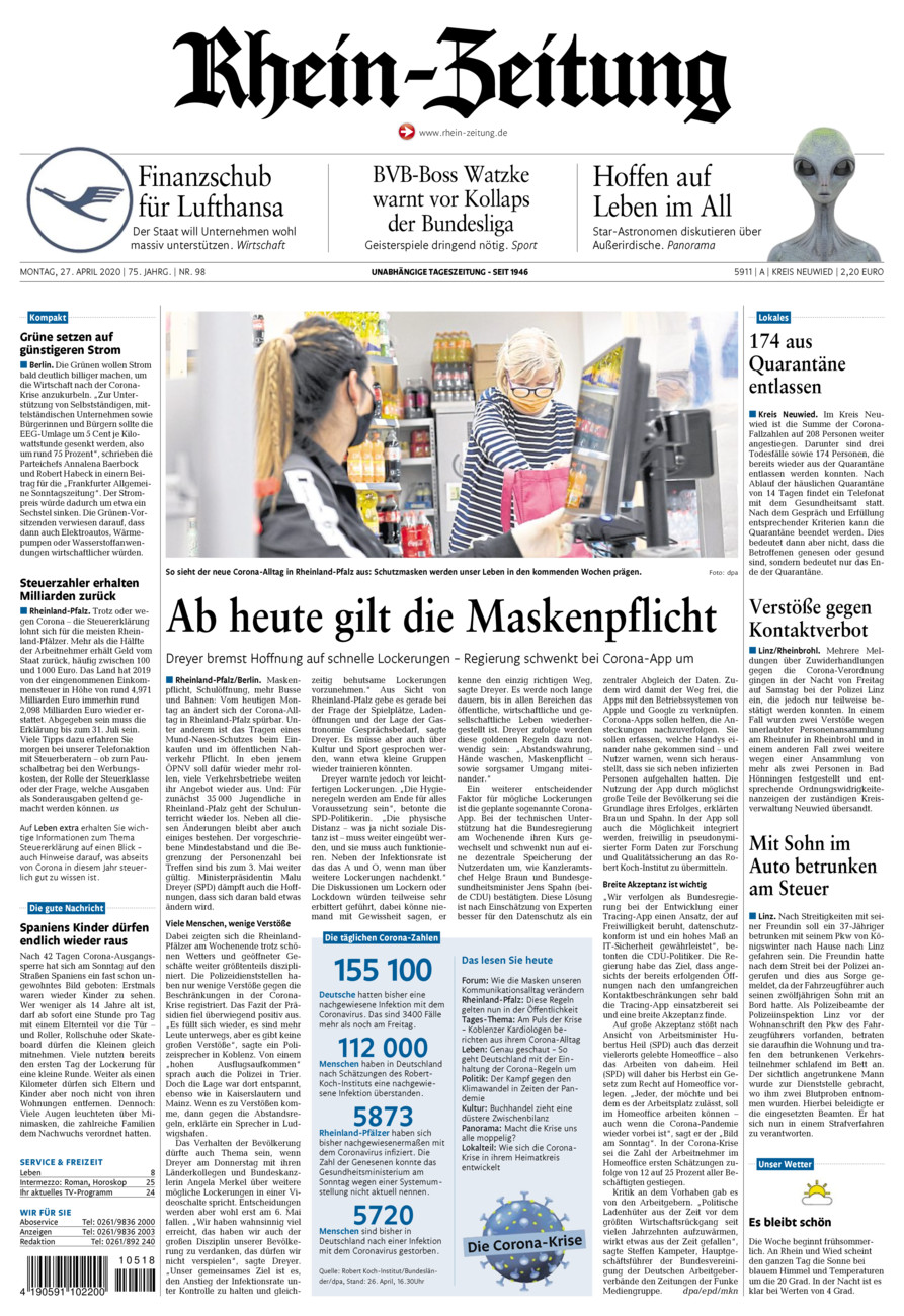 Rhein-Zeitung Kreis Neuwied vom Montag, 27.04.2020