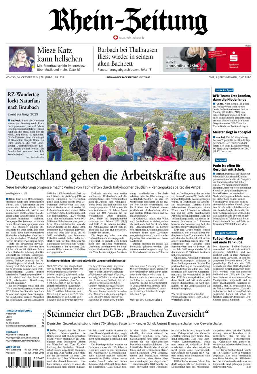 Rhein-Zeitung Kreis Neuwied vom Montag, 14.10.2024