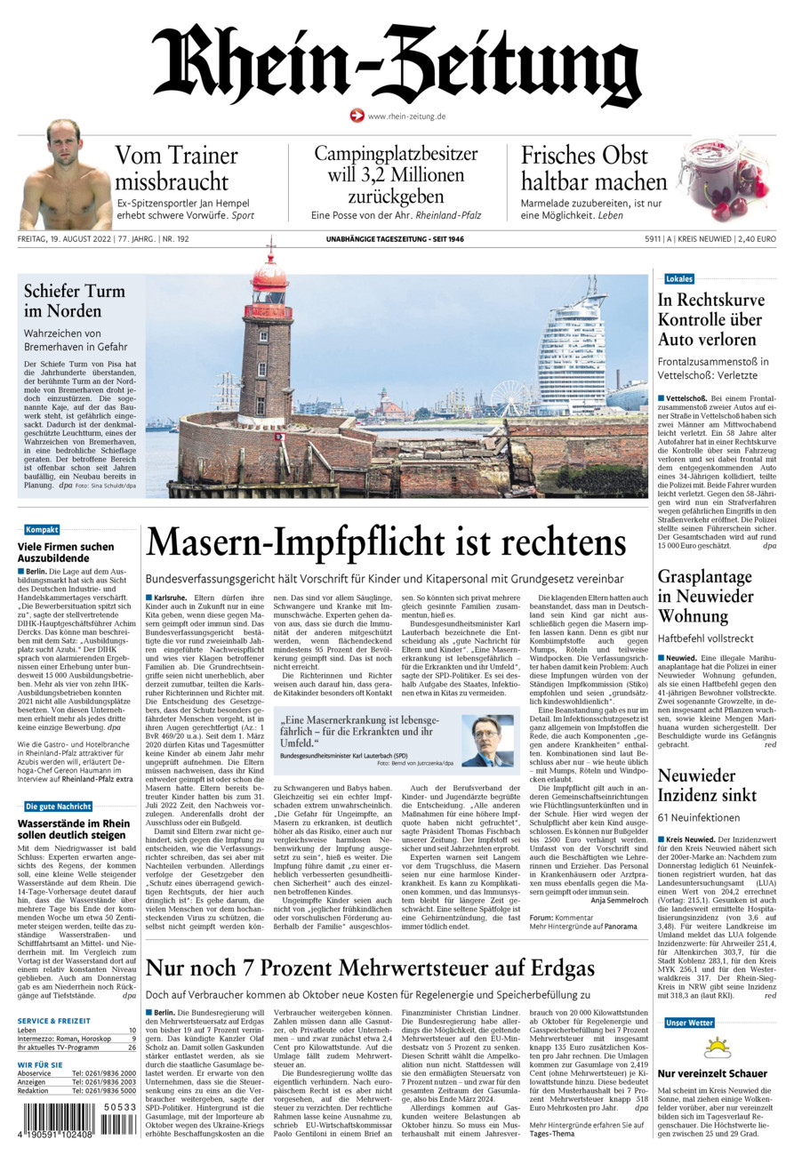 Rhein-Zeitung Kreis Neuwied vom Freitag, 19.08.2022