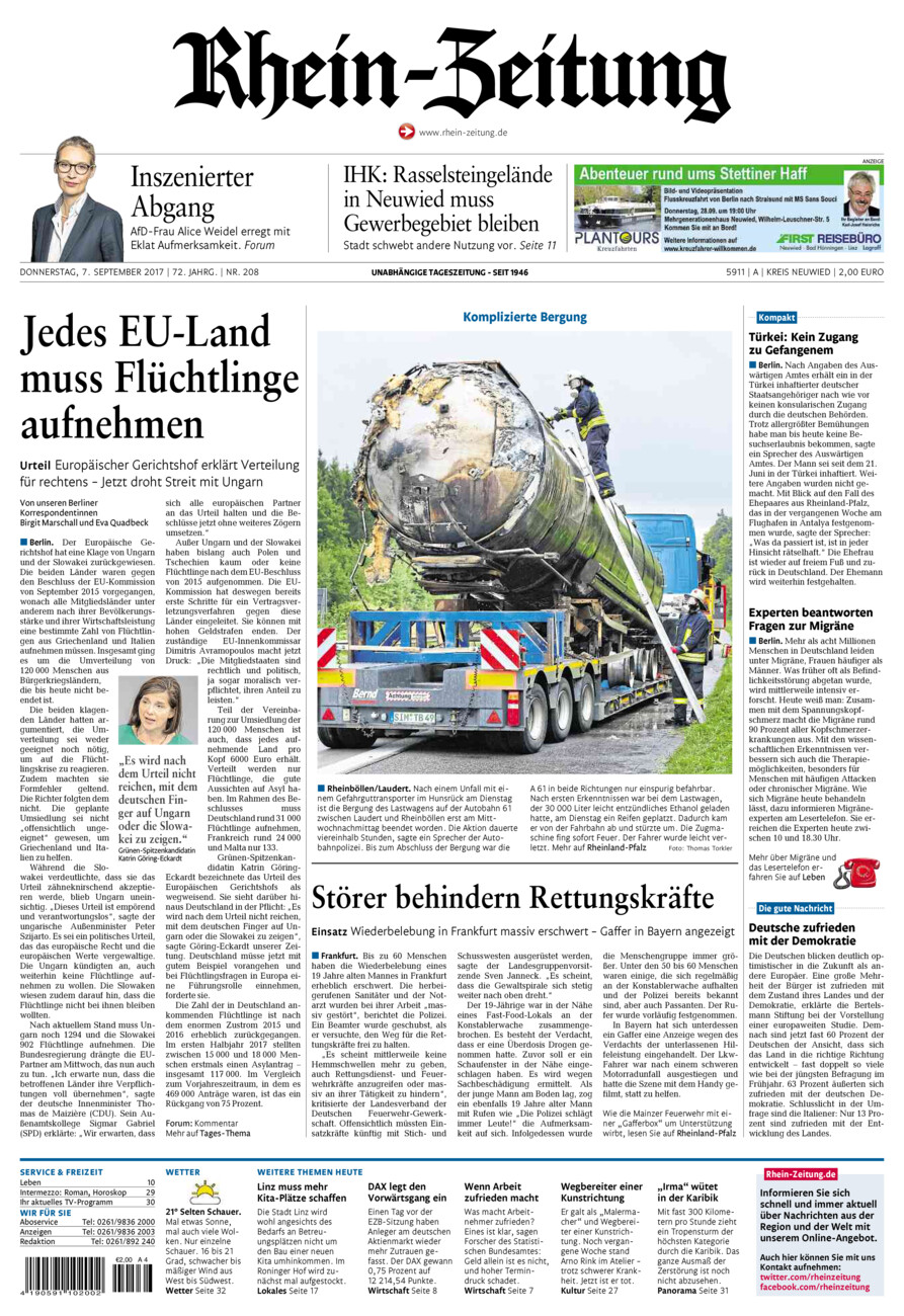 Rhein-Zeitung Kreis Neuwied vom Donnerstag, 07.09.2017