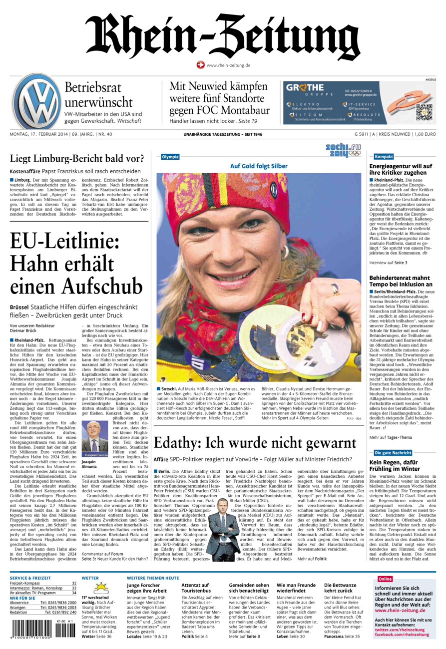 Rhein-Zeitung Kreis Neuwied vom Montag, 17.02.2014