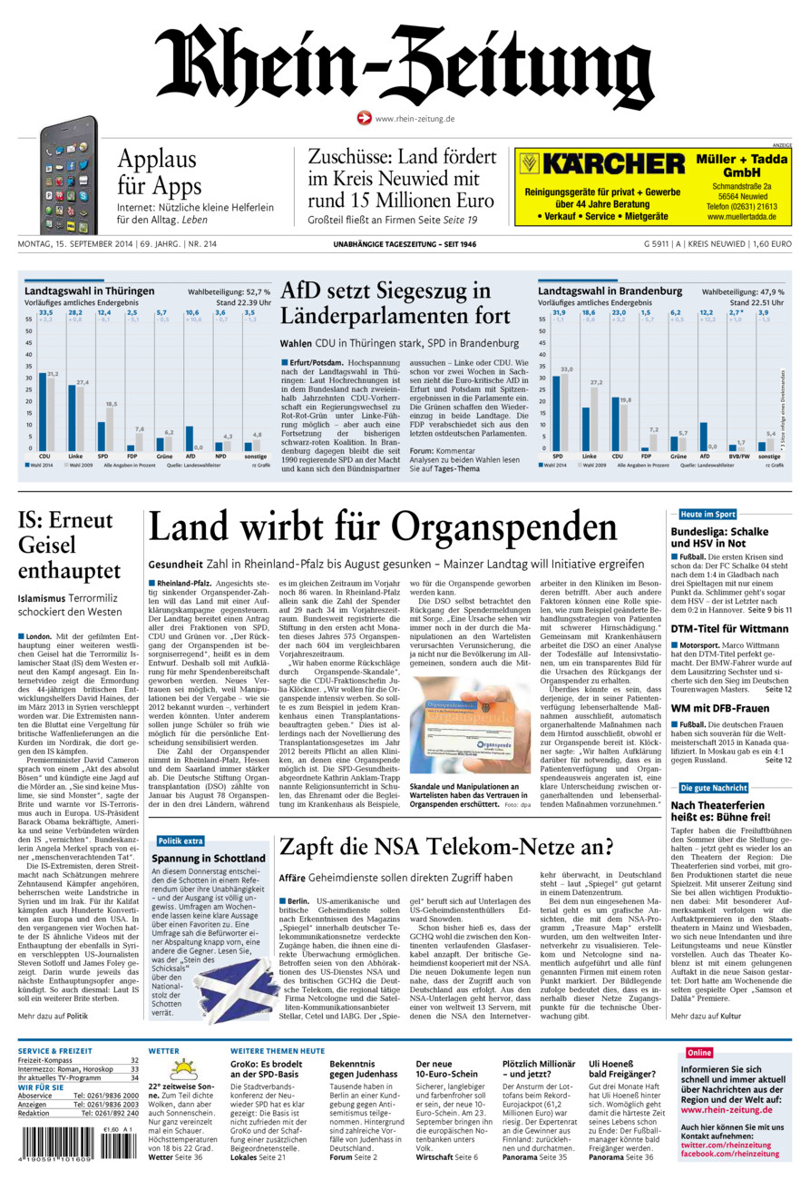 Rhein-Zeitung Kreis Neuwied vom Montag, 15.09.2014
