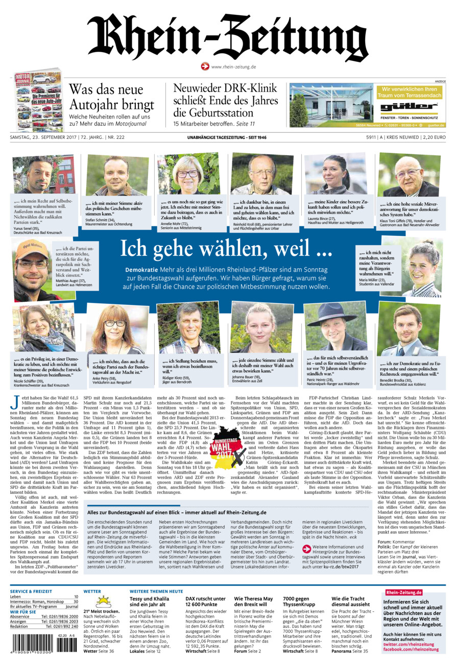 Rhein-Zeitung Kreis Neuwied vom Samstag, 23.09.2017