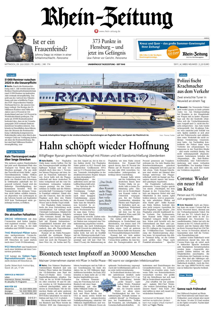 Rhein-Zeitung Kreis Neuwied vom Mittwoch, 29.07.2020