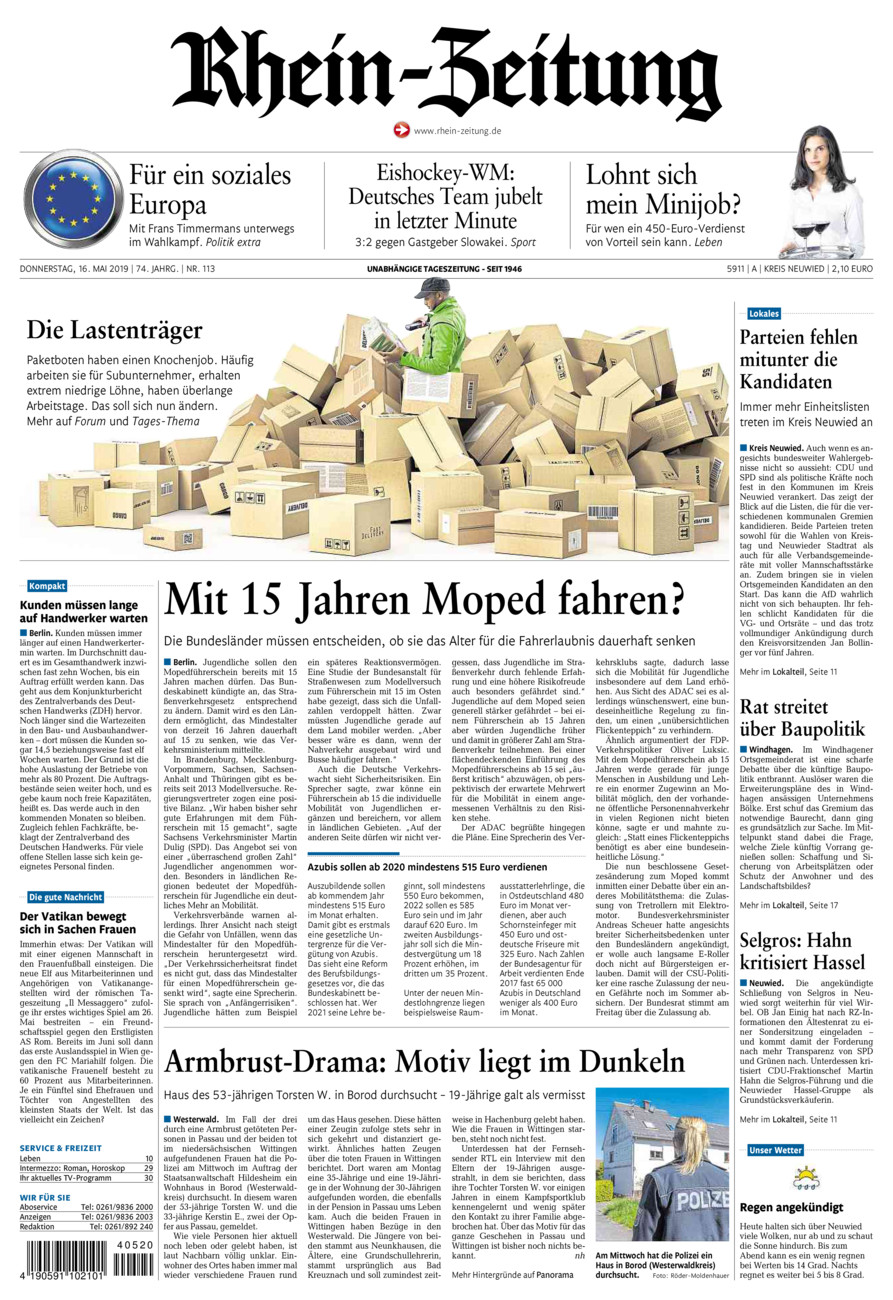 Rhein-Zeitung Kreis Neuwied vom Donnerstag, 16.05.2019