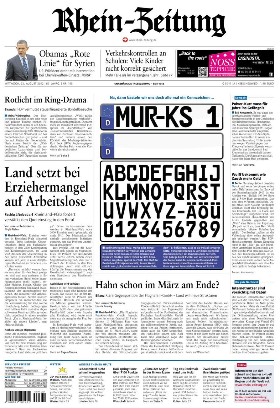 Rhein-Zeitung Kreis Neuwied vom Mittwoch, 22.08.2012