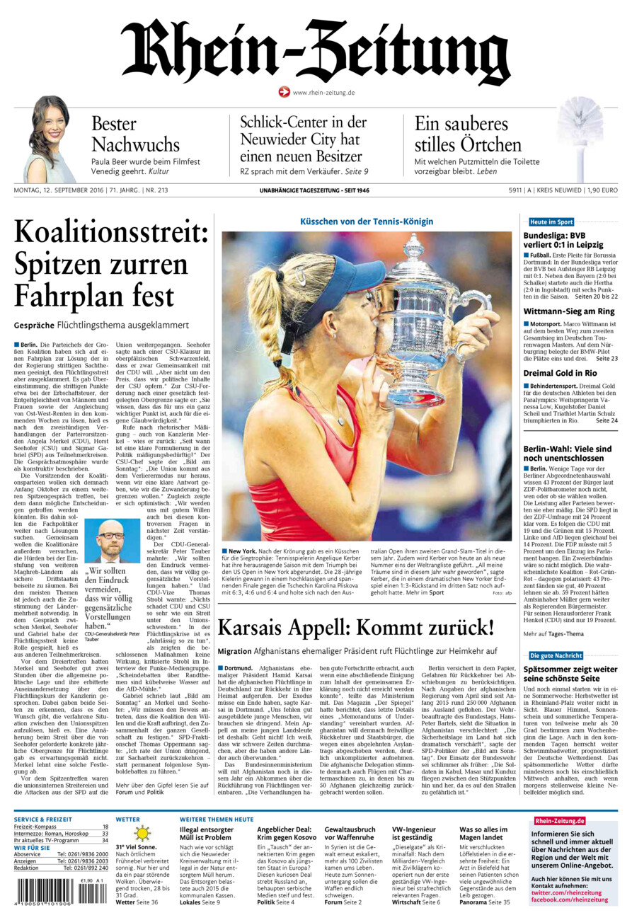Rhein-Zeitung Kreis Neuwied vom Montag, 12.09.2016