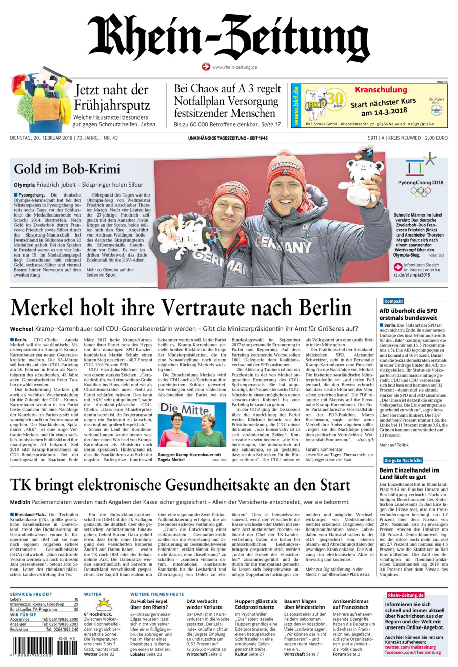 Rhein-Zeitung Kreis Neuwied vom Dienstag, 20.02.2018