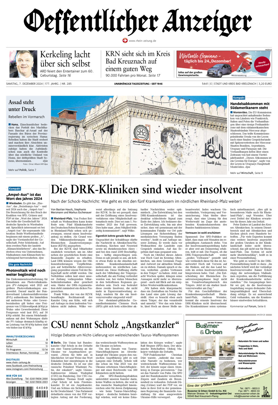 Oeffentlicher Anzeiger vom Samstag, 07.12.2024