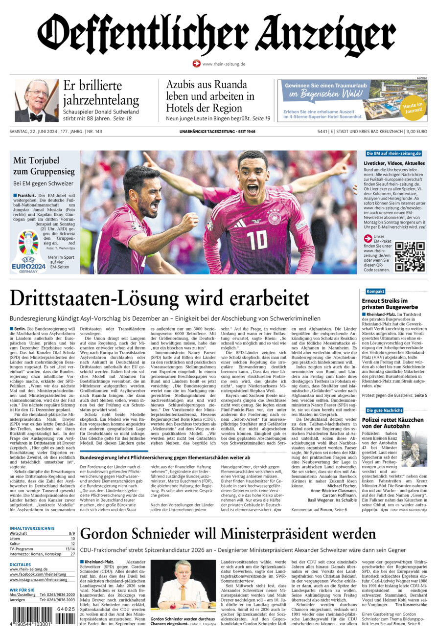 Oeffentlicher Anzeiger vom Samstag, 22.06.2024