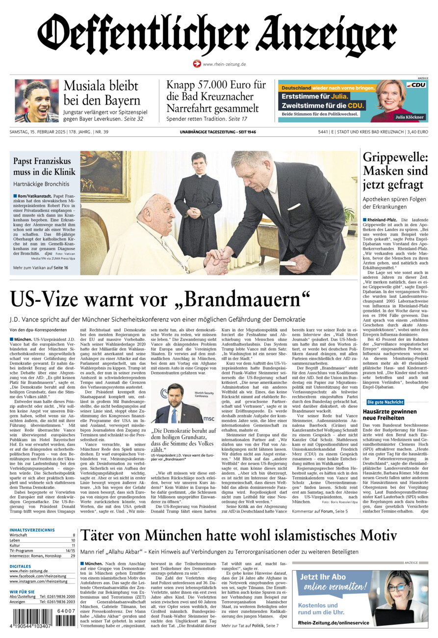 Oeffentlicher Anzeiger vom Samstag, 15.02.2025