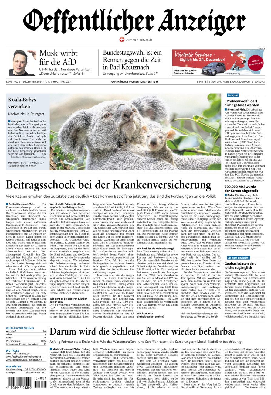 Oeffentlicher Anzeiger vom Samstag, 21.12.2024