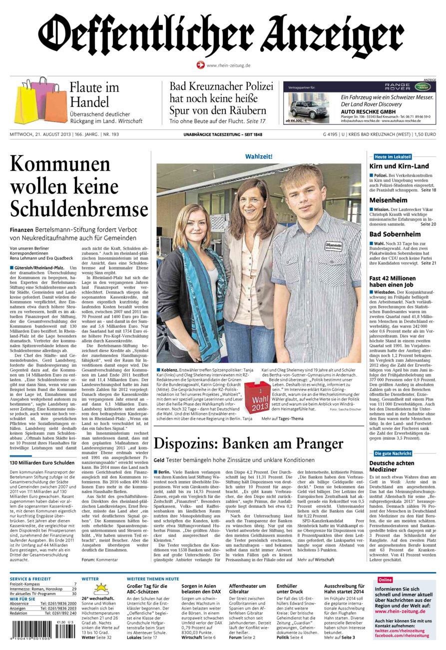Oeffentlicher Anzeiger Kirn (Archiv) vom Mittwoch, 21.08.2013