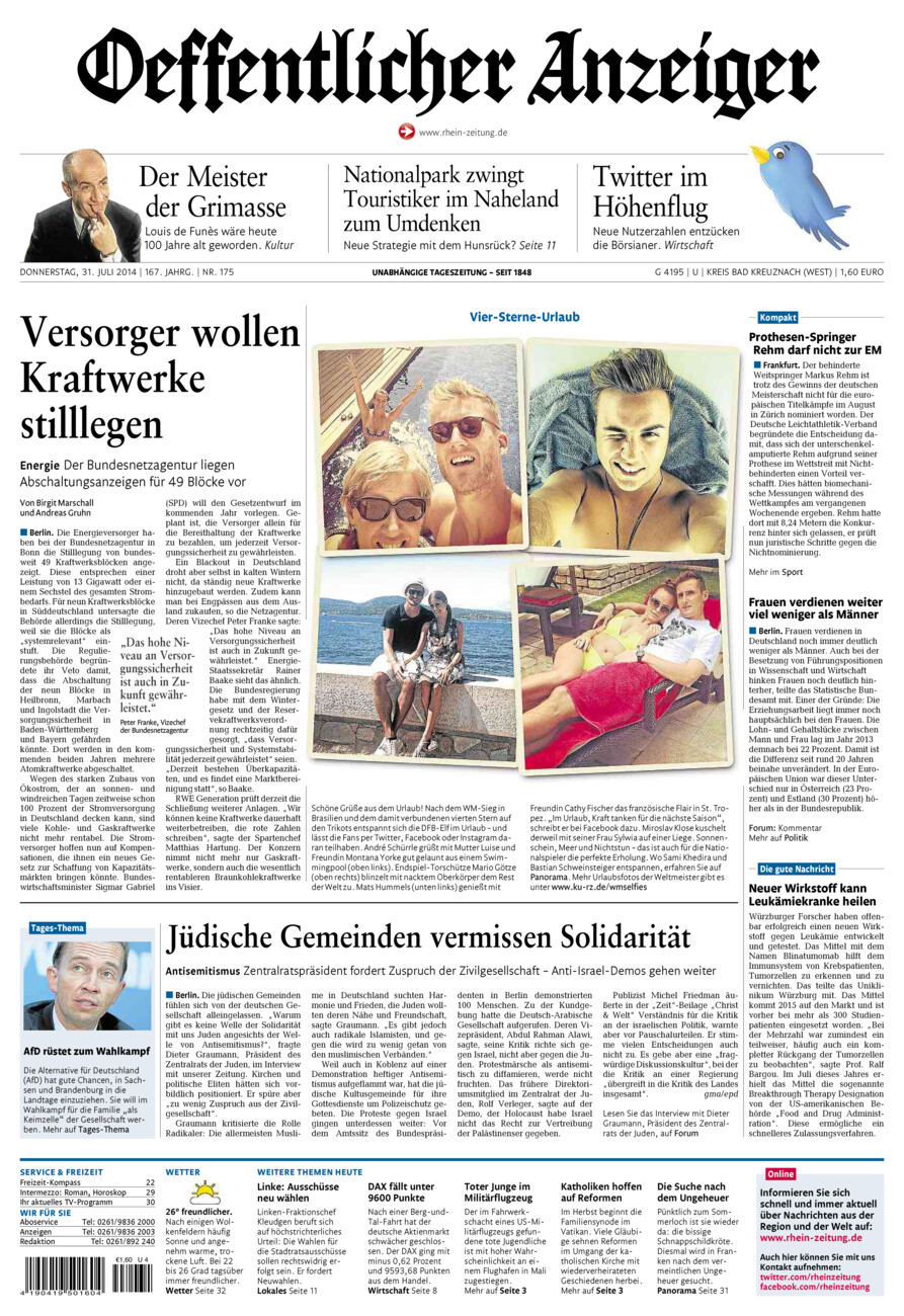 Oeffentlicher Anzeiger Kirn (Archiv) vom Donnerstag, 31.07.2014