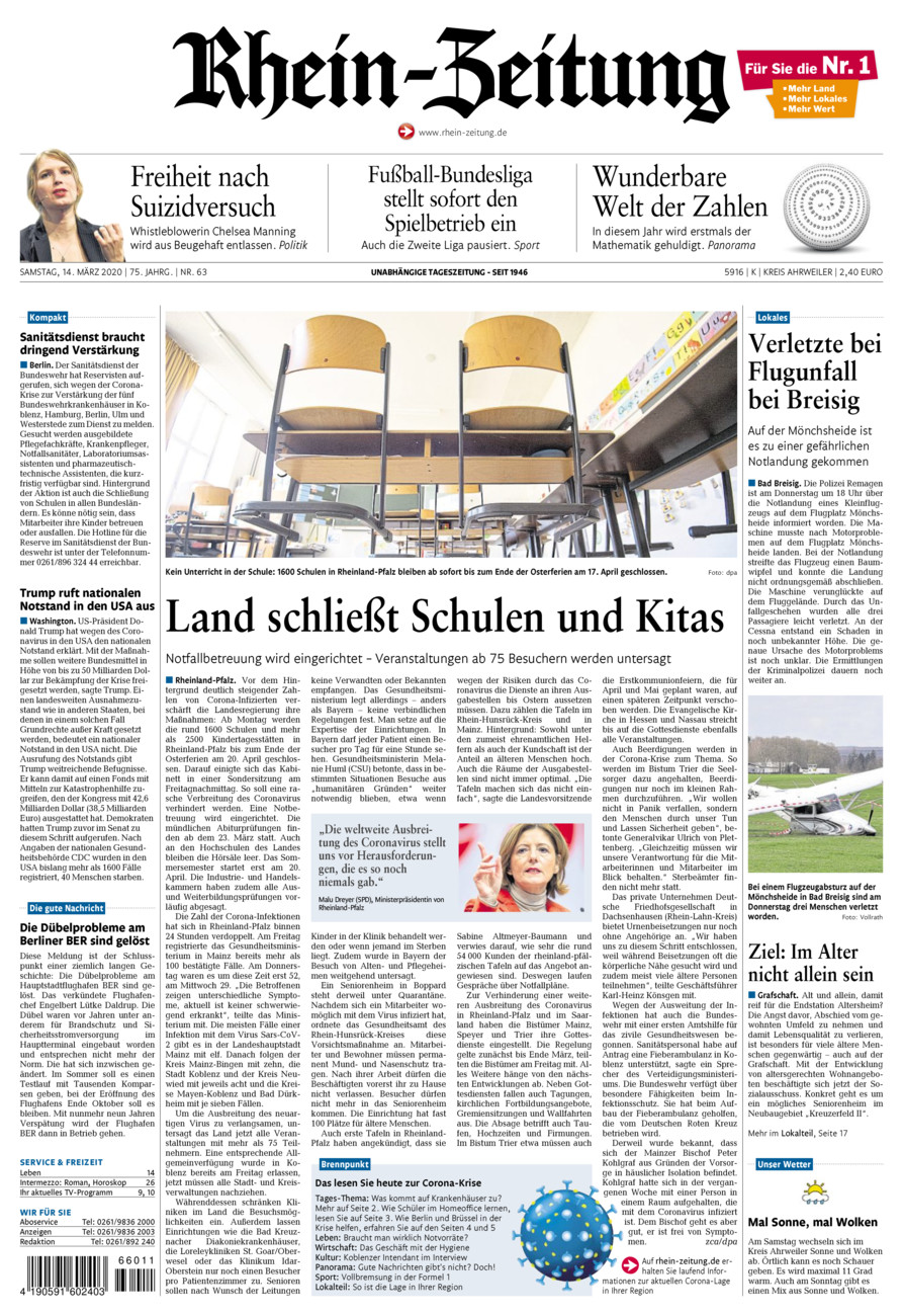 Rhein-Zeitung Kreis Ahrweiler vom Samstag, 14.03.2020