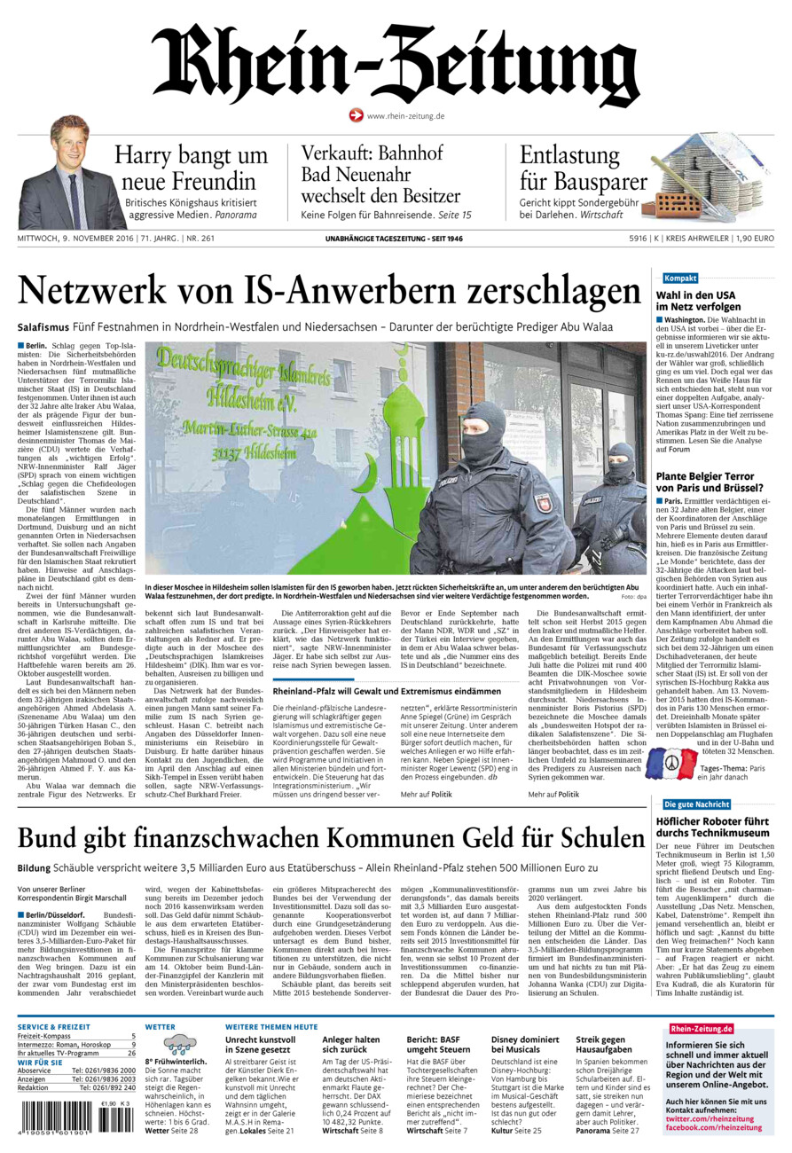 Rhein-Zeitung Kreis Ahrweiler vom Mittwoch, 09.11.2016