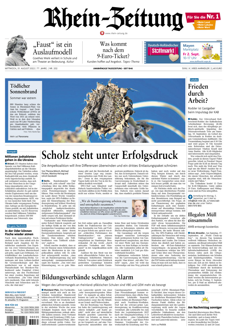 Rhein-Zeitung Kreis Ahrweiler vom Mittwoch, 31.08.2022