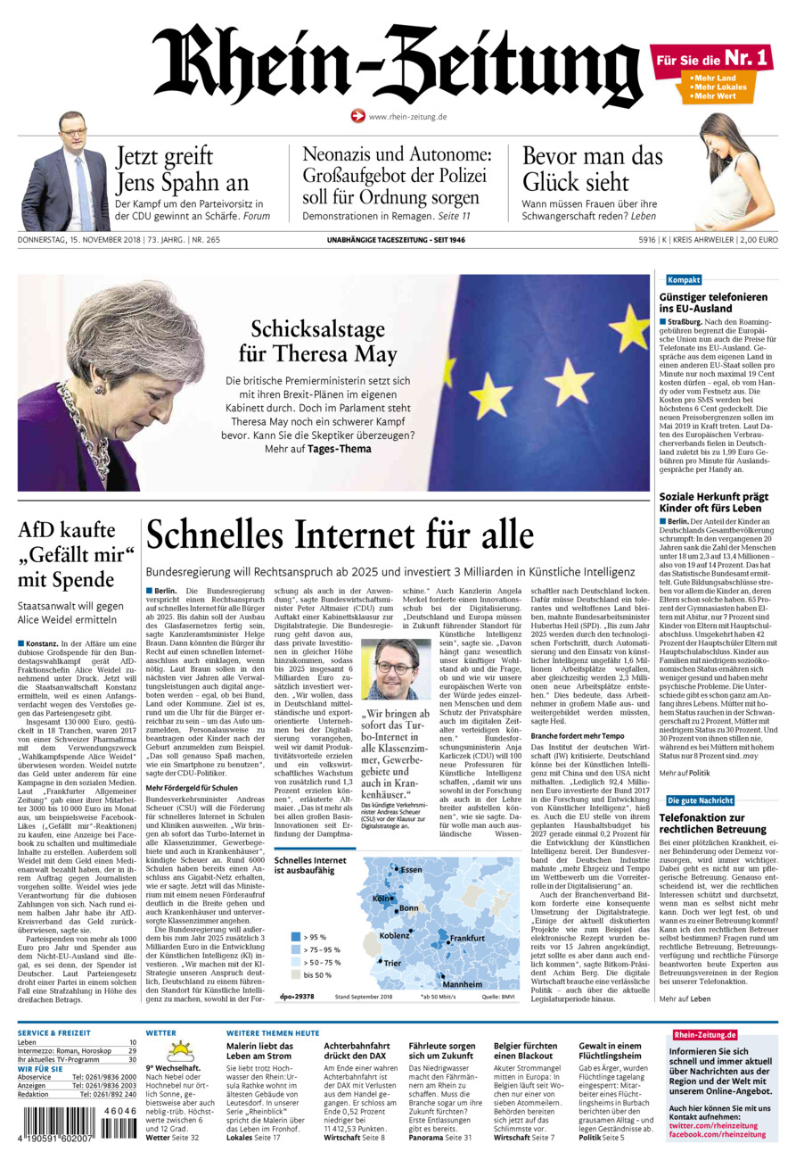 Rhein-Zeitung Kreis Ahrweiler vom Donnerstag, 15.11.2018