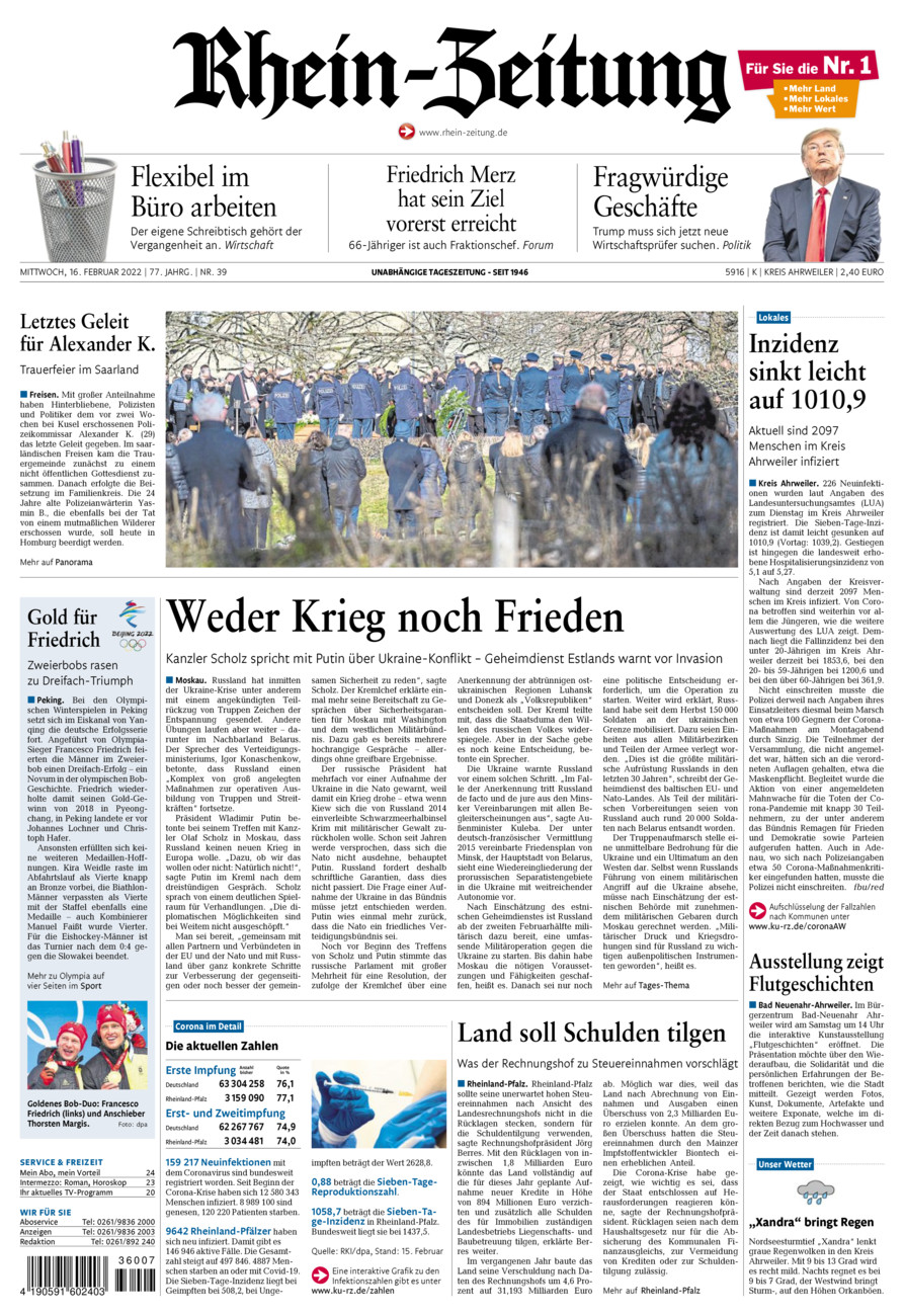 Rhein-Zeitung Kreis Ahrweiler vom Mittwoch, 16.02.2022
