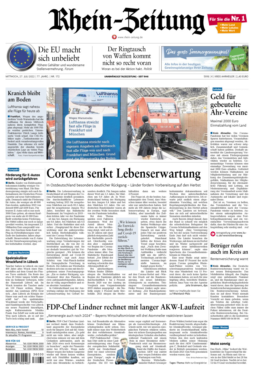 Rhein-Zeitung Kreis Ahrweiler vom Mittwoch, 27.07.2022