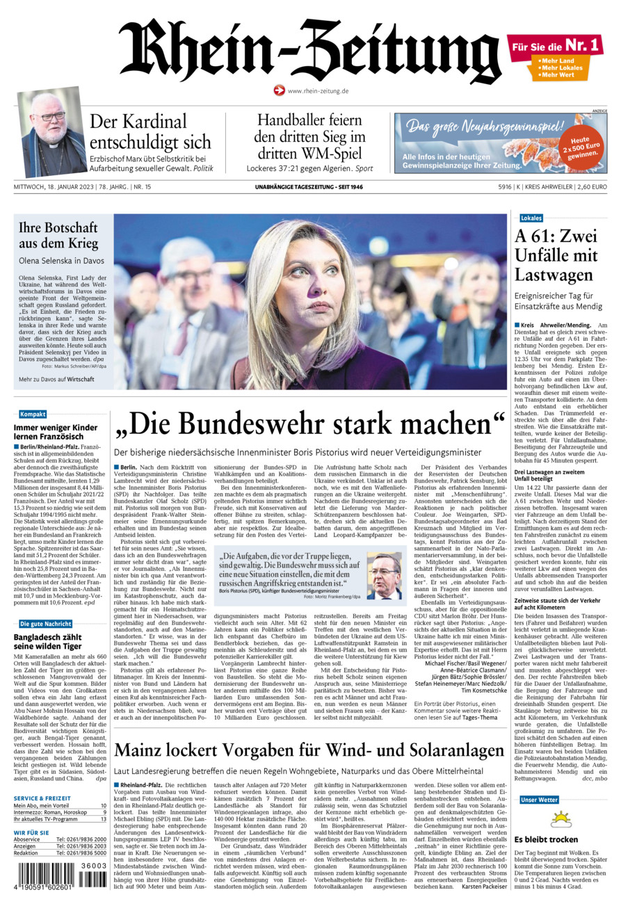Rhein-Zeitung Kreis Ahrweiler vom Mittwoch, 18.01.2023