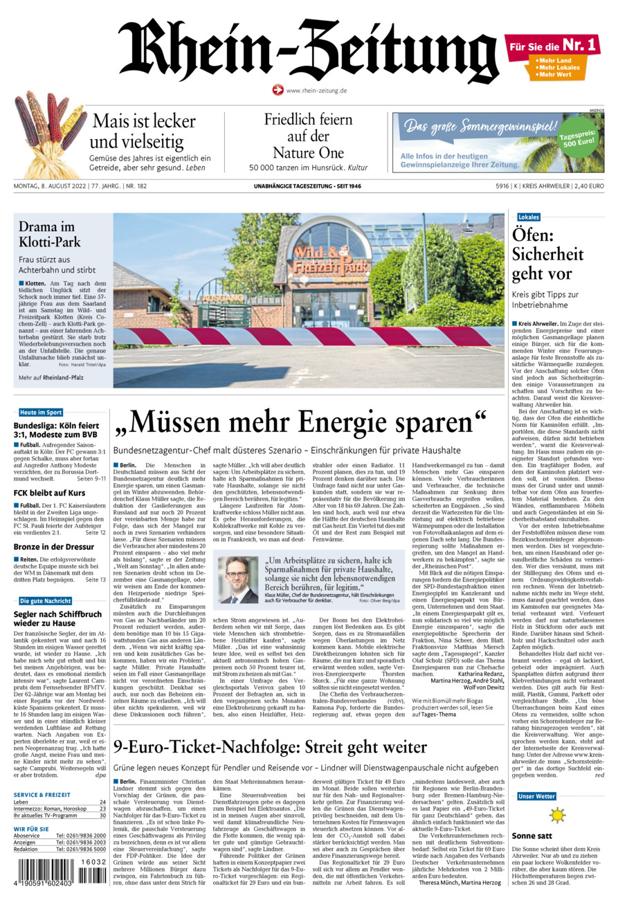 Rhein-Zeitung Kreis Ahrweiler vom Montag, 08.08.2022