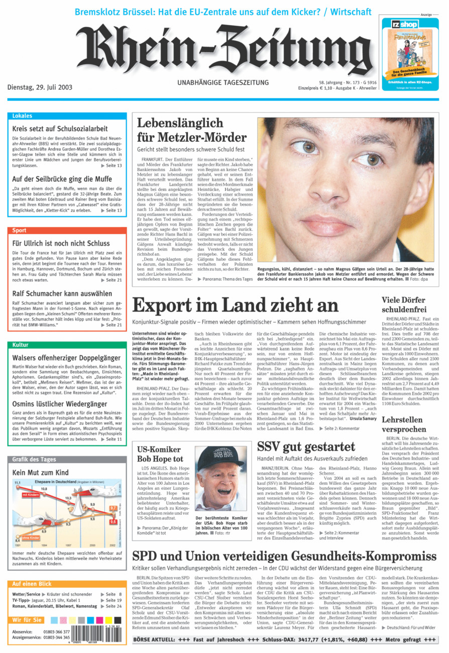 Rhein-Zeitung Kreis Ahrweiler vom Dienstag, 29.07.2003