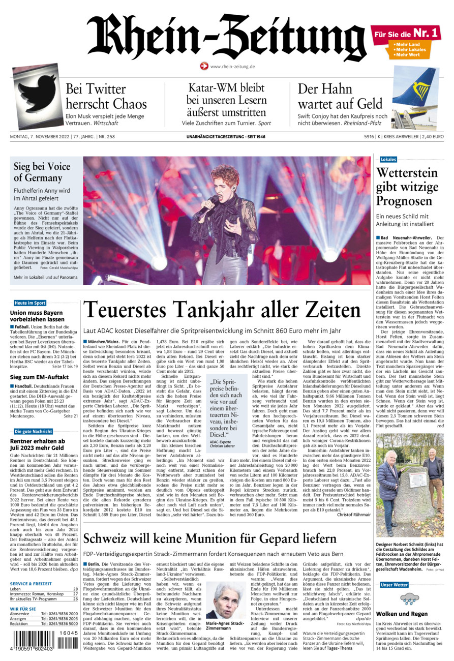 Rhein-Zeitung Kreis Ahrweiler vom Montag, 07.11.2022