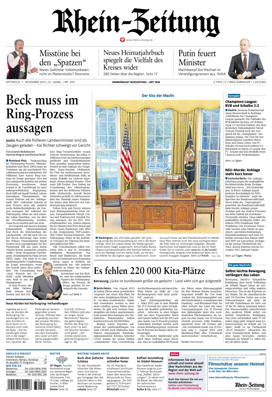 Rhein-Zeitung Kreis Ahrweiler vom Mittwoch, 07.11.2012