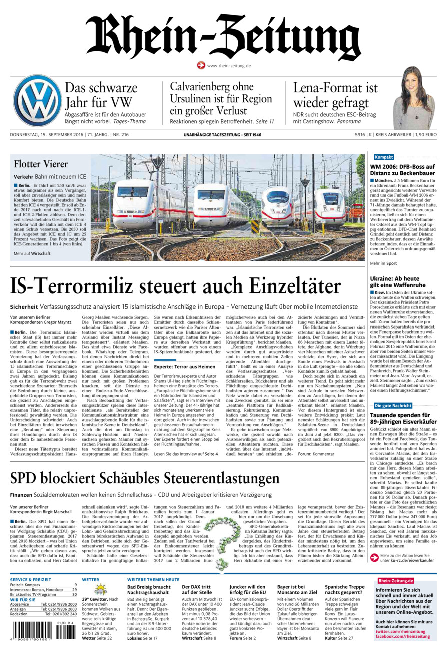 Rhein-Zeitung Kreis Ahrweiler vom Donnerstag, 15.09.2016