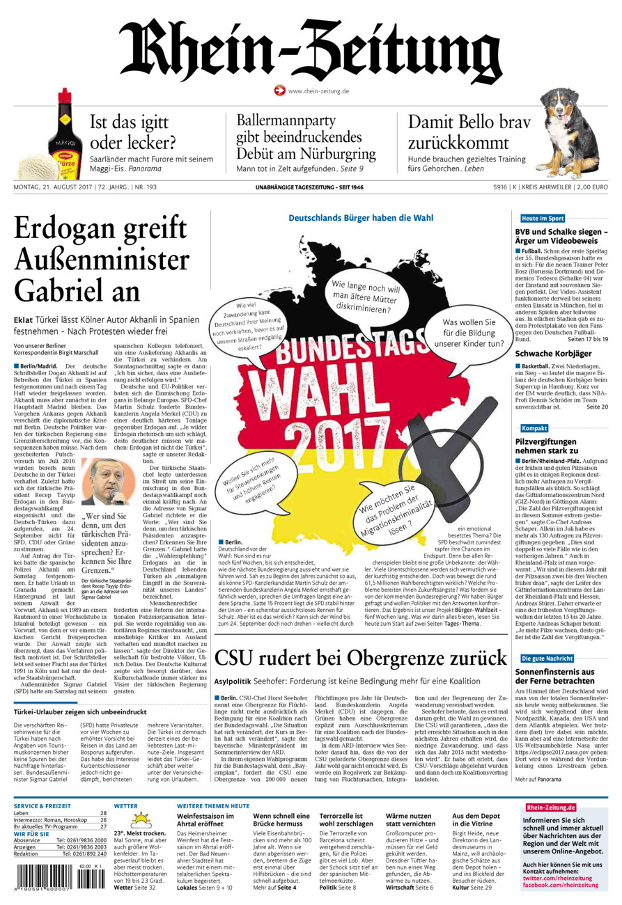 Rhein-Zeitung Kreis Ahrweiler vom Montag, 21.08.2017