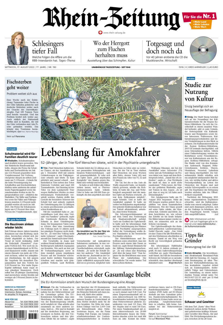 Rhein-Zeitung Kreis Ahrweiler vom Mittwoch, 17.08.2022