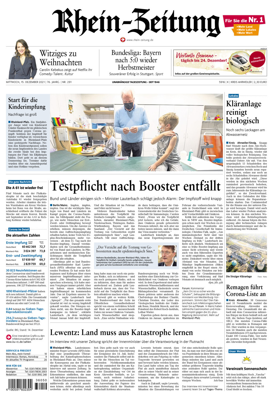 Rhein-Zeitung Kreis Ahrweiler vom Mittwoch, 15.12.2021