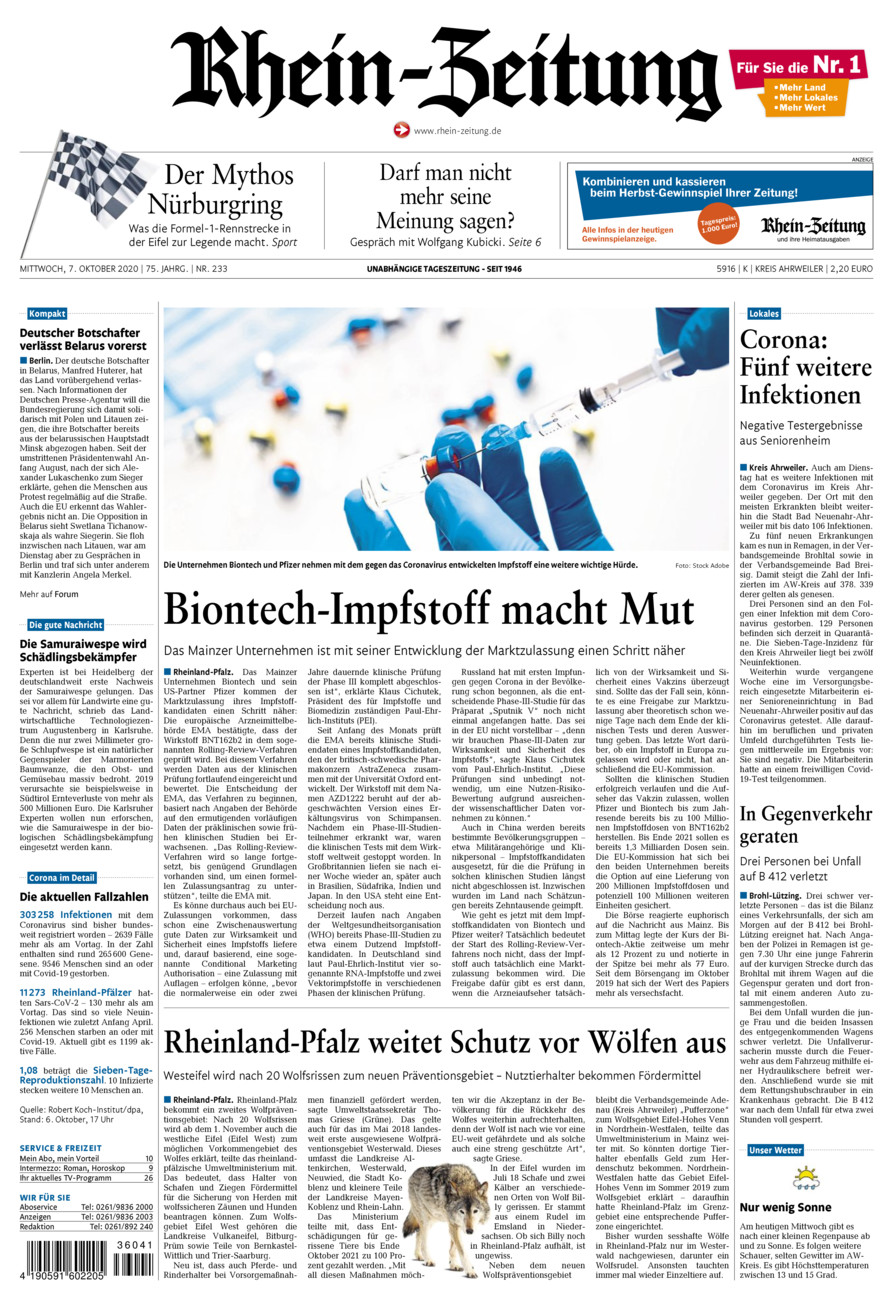 Rhein-Zeitung Kreis Ahrweiler vom Mittwoch, 07.10.2020