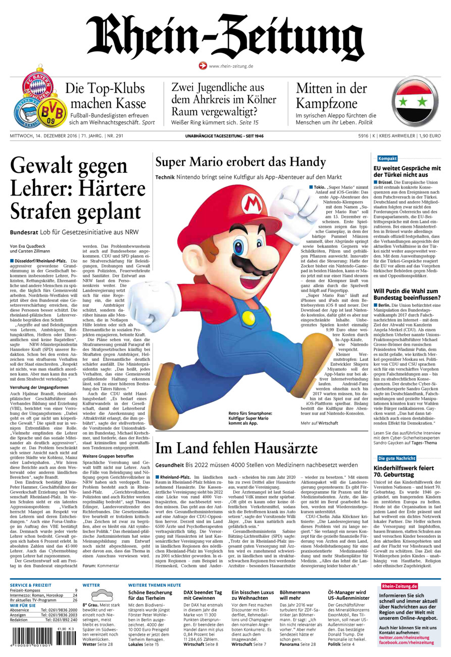 Rhein-Zeitung Kreis Ahrweiler vom Mittwoch, 14.12.2016