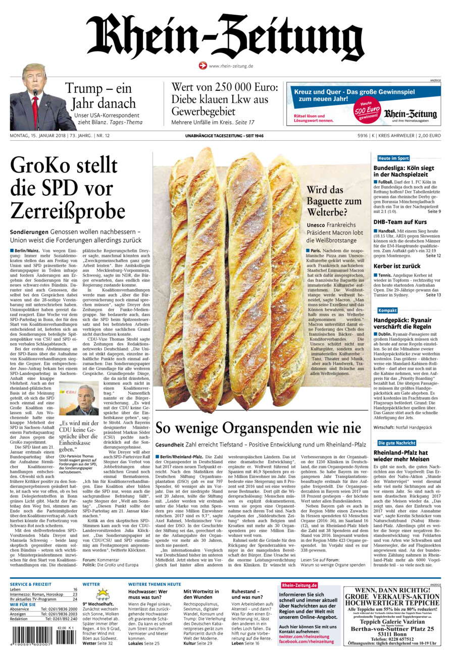 Rhein-Zeitung Kreis Ahrweiler vom Montag, 15.01.2018