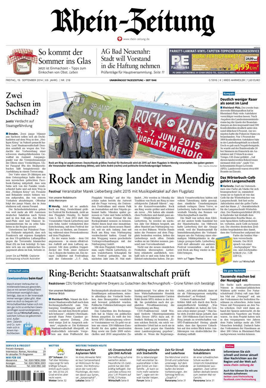 Rhein-Zeitung Kreis Ahrweiler vom Freitag, 19.09.2014